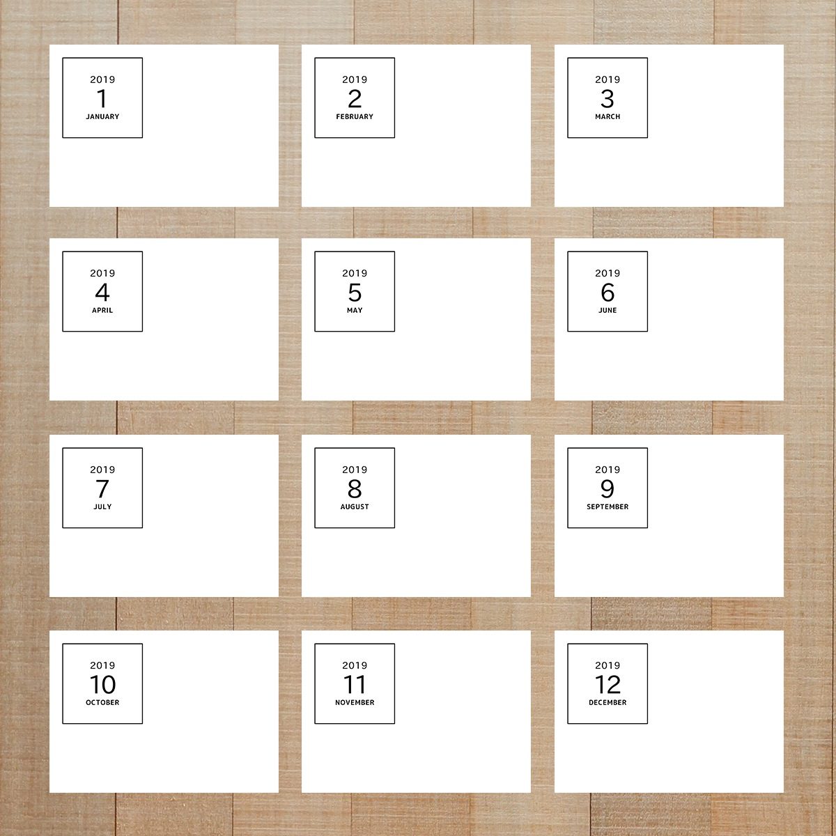 写真整理用マンスリーカード ☆ 年月 ＋ 無地余白 【横向き用】2019年