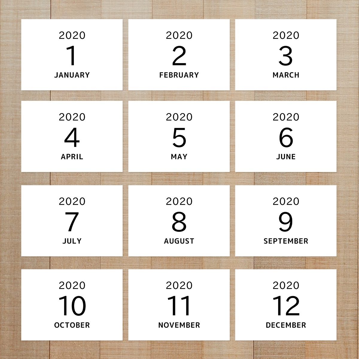 写真整理用マンスリーカード ☆ 年月 シンプルなテキスト 【縦・横・スクエア 兼用】2020年