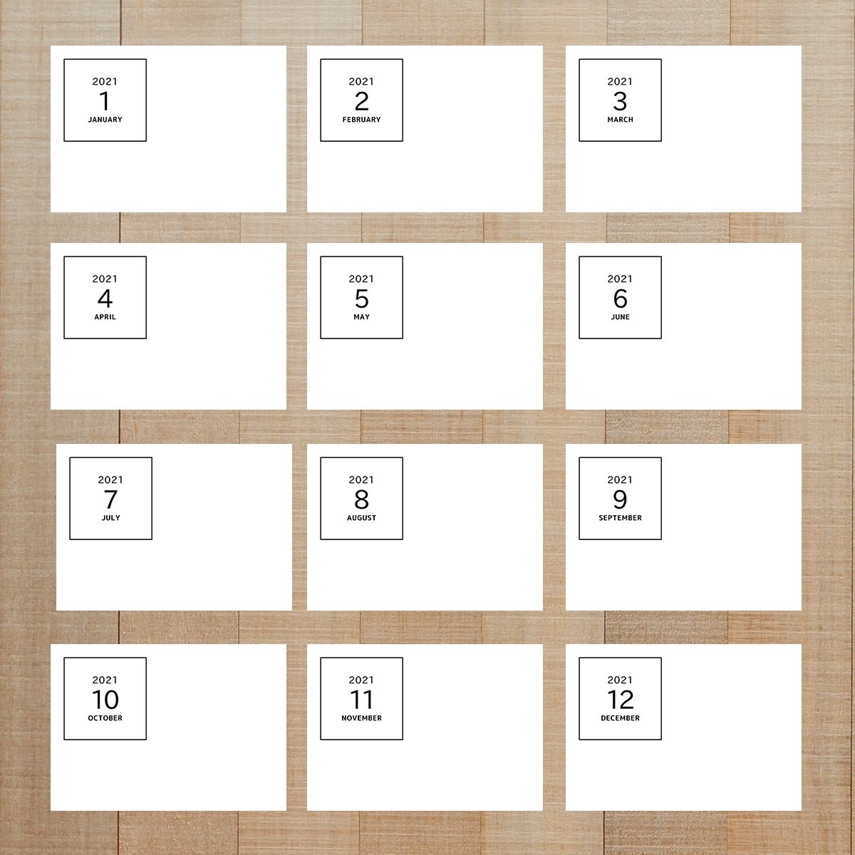 写真整理用マンスリーカード ☆ 年月 ＋ 無地余白 【横向き用】2021年