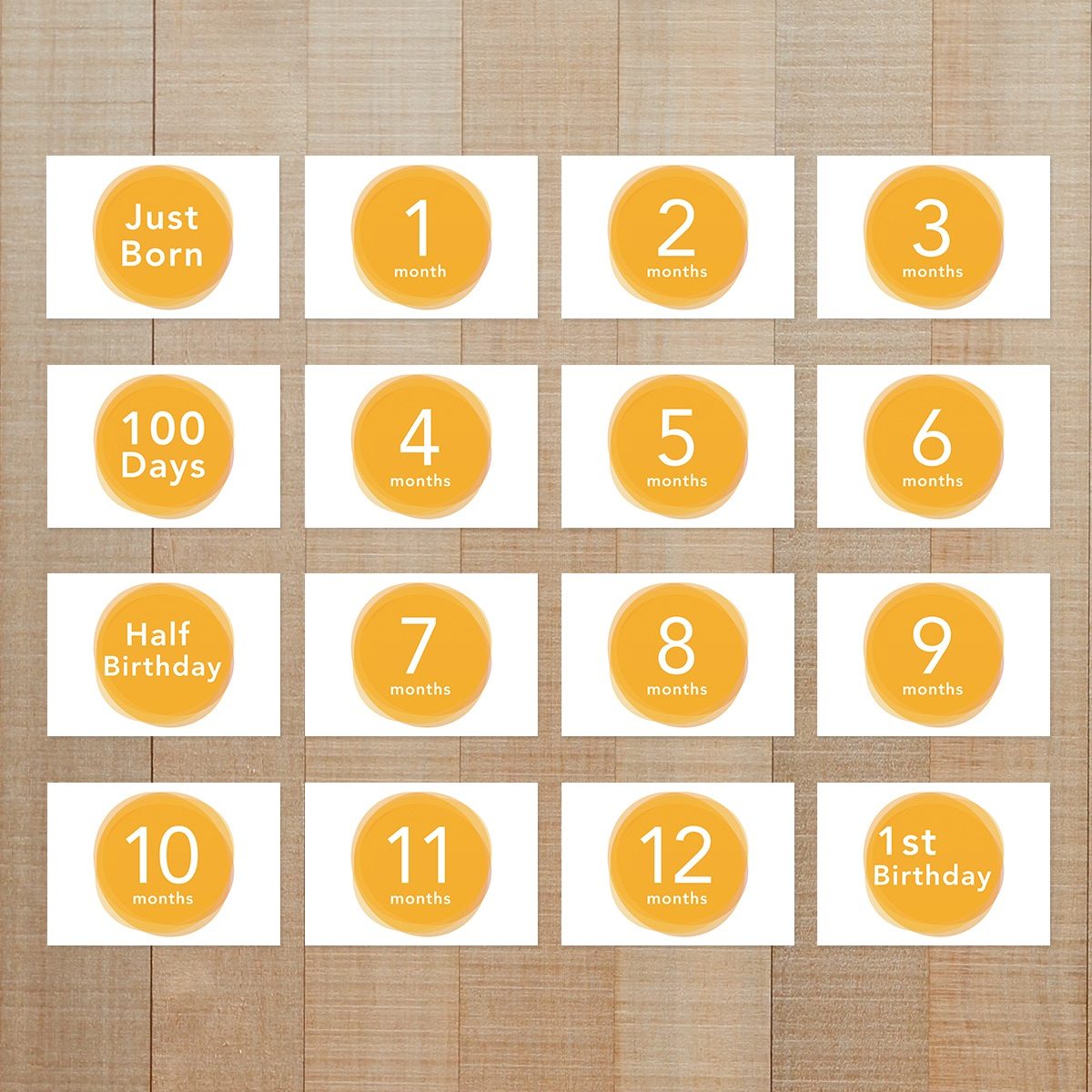 写真整理用マンスリーカード ☆ 赤ちゃん月齢 16種セット 【縦・横・スクエア 兼用】Mimosa（ミモザ）カラー