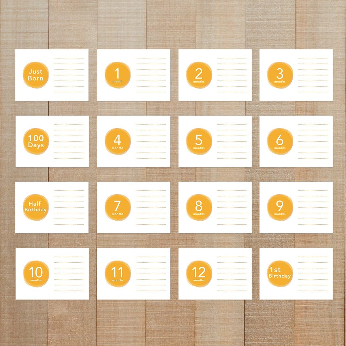 写真整理用マンスリーカード ☆ 赤ちゃん月齢 ＋ ドット罫線 16種セット 【横向き用】Mimosa（ミモザ）カラー