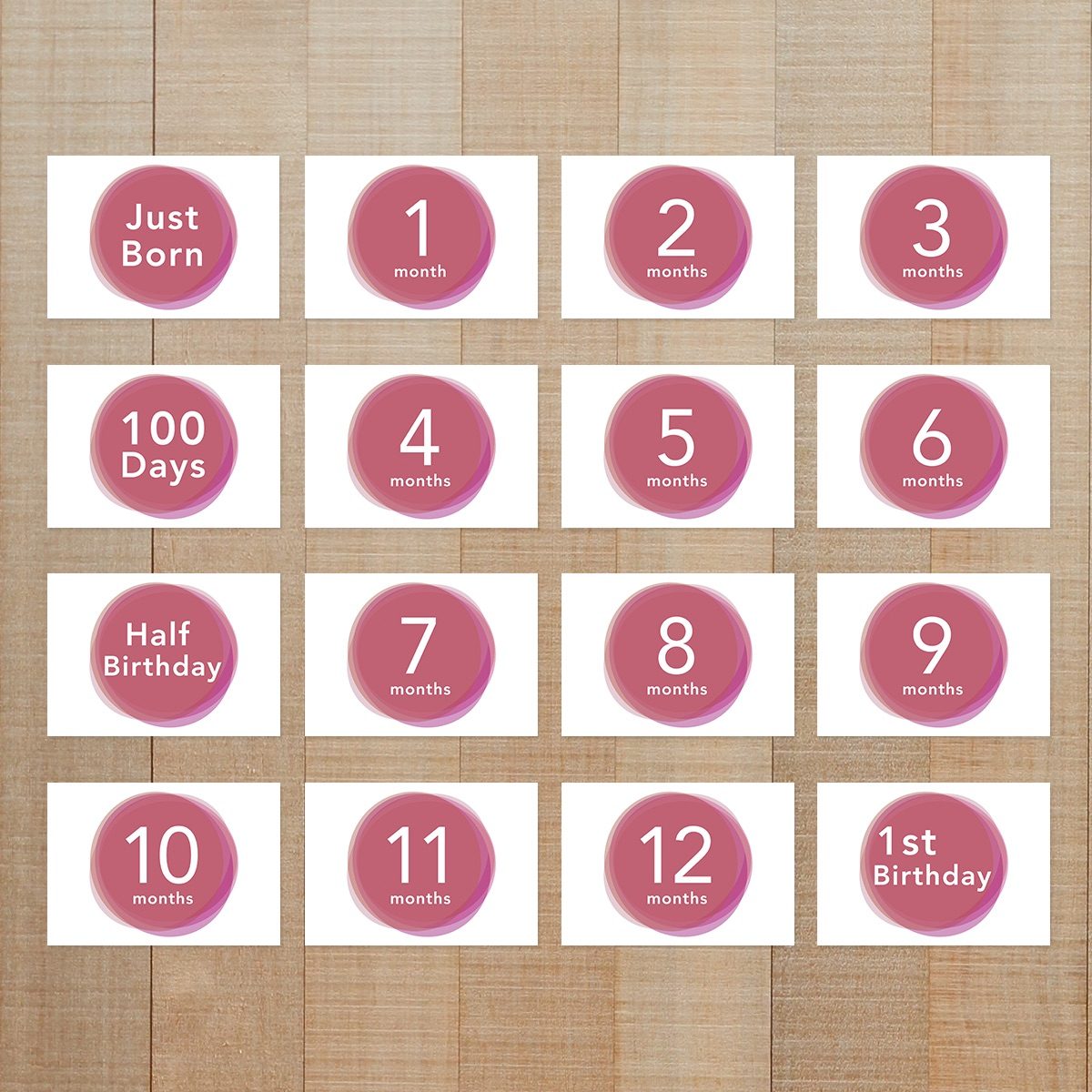 写真整理用マンスリーカード ☆ 赤ちゃん月齢 16種セット 【縦・横・スクエア 兼用】Rose（ローズ）カラー