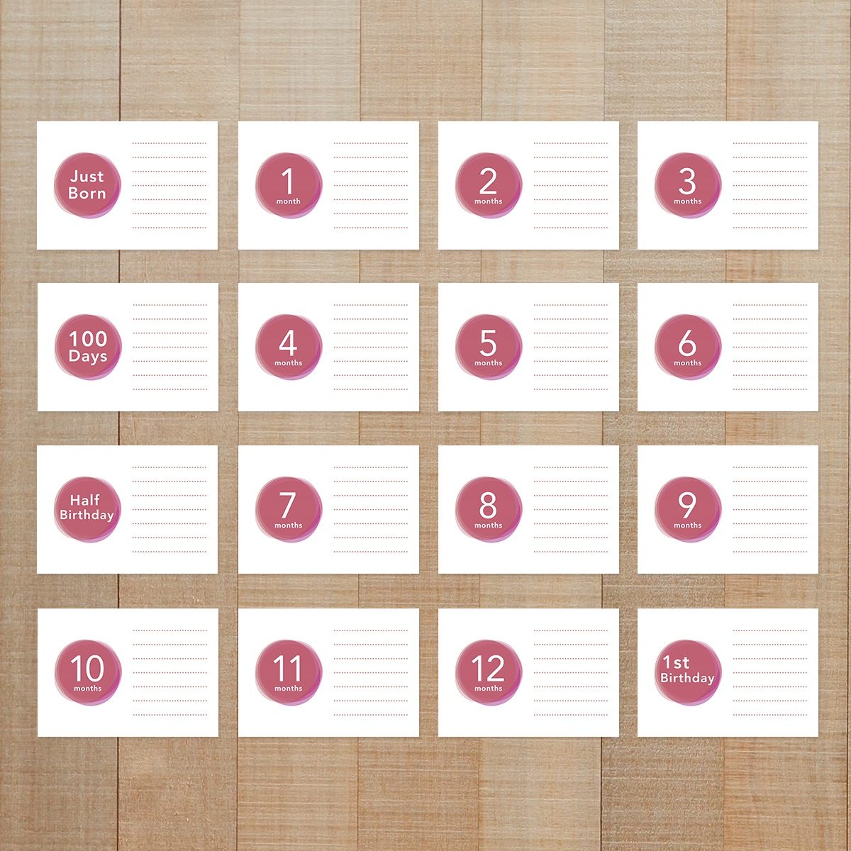 写真整理用マンスリーカード ☆ 赤ちゃん月齢 ＋ ドット罫線 16種セット 【横向き用】Rose（ローズ）カラー